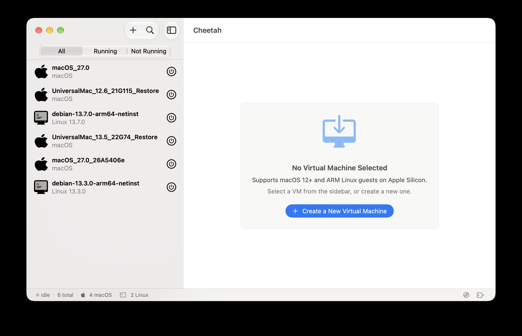 Cheetah app window showing the VM sidebar and empty state